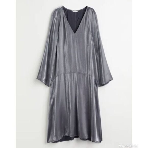 H&M Metallic Gray Silver Shimmer Long Sleeve V Neck Peasant Midi Dress - Picture 1 of 7